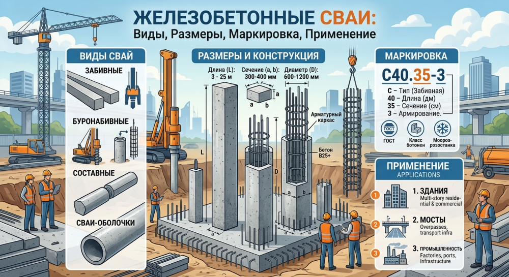 Железобетонные сваи: виды, размеры, маркировка и применение